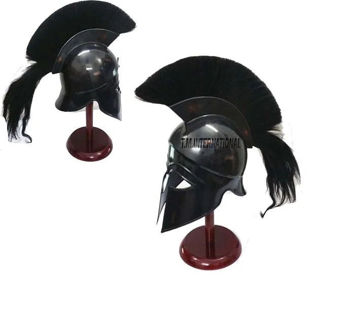 中世纪希腊斯巴达头盔w衬里中世纪古代骑士盔甲头盔黑色羽毛300电影头盔成人礼物。