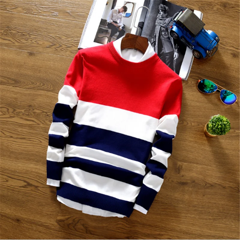 Fashion Sweater Men Design Knitting Striped Pattern Crew Neck Knitted ...