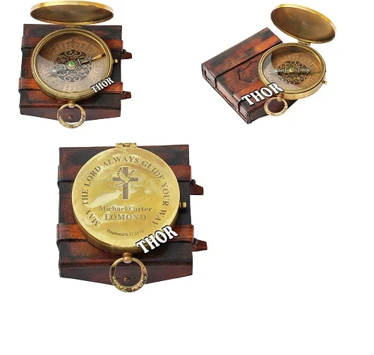 Antique Brass Marine Pocket Compass Vintage Nautical Compass w Leather Case 