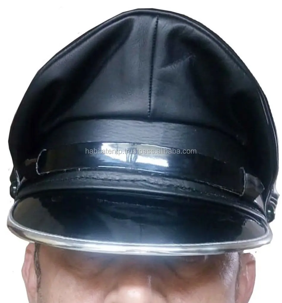 Genuine Leather Black White Trim Army Muir Biker Peaked Police Gay Military Cap 
