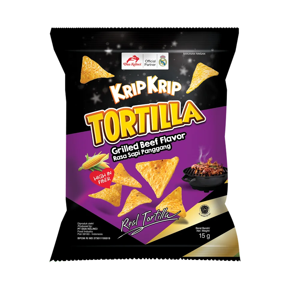 
DUA KELINCI - KRIP KRIP - TORTILLA CHIP GRILLED BEEF FLAVOR SNACK INDONESIA 15 GR 