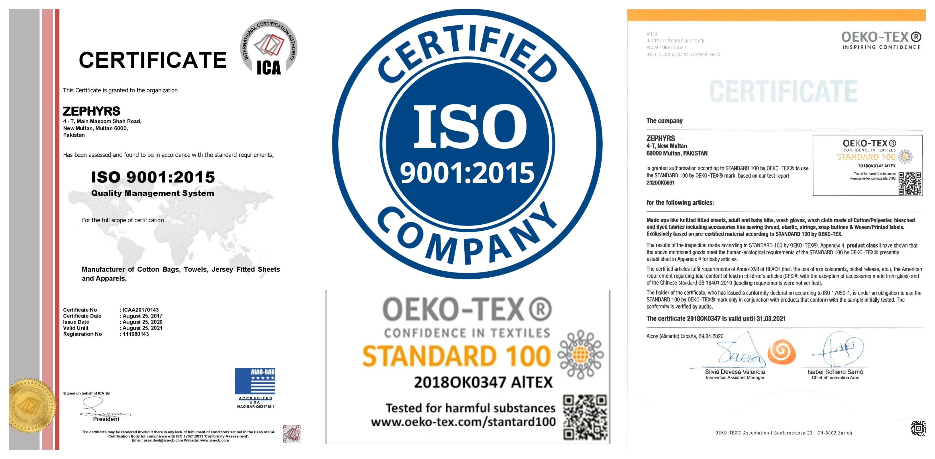 iso 9001:2015 oeko-tex standard 100 certified