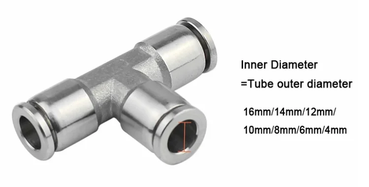 Stainless Steel Pneumatic Hose Tube T Tee Push to Connect Fittings 4mm to 14 mm