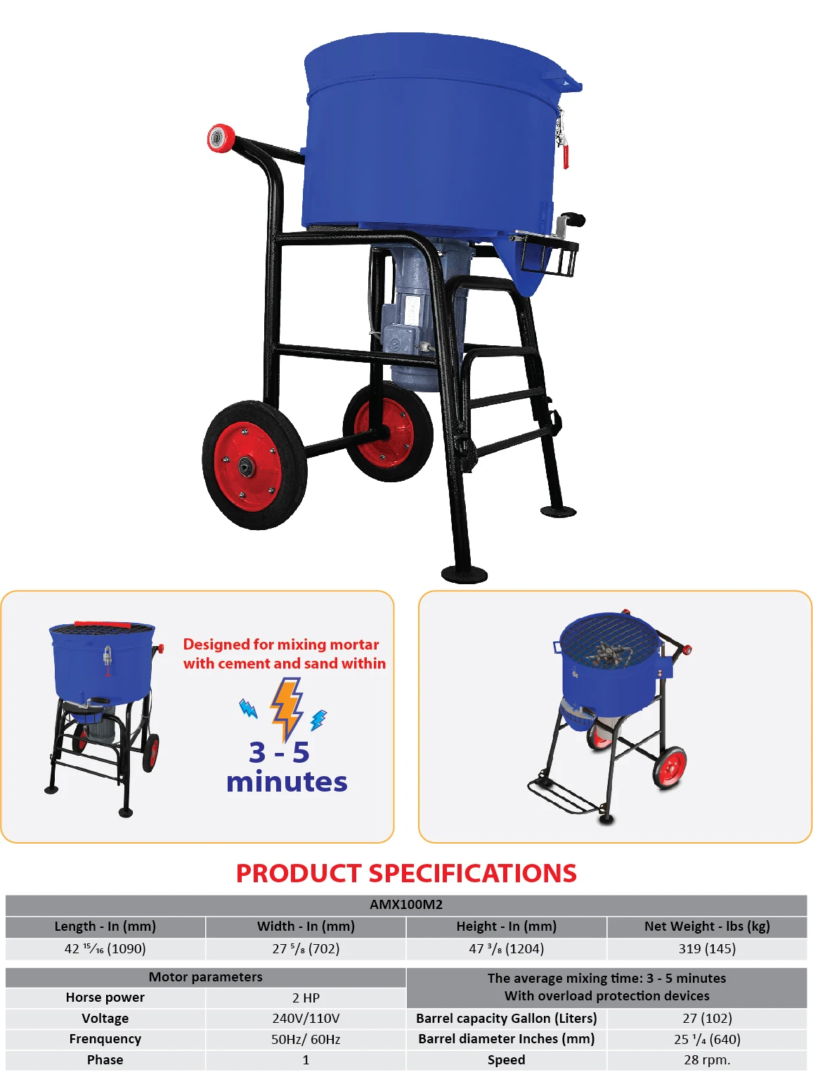 Ausavina Portable Concrete Mixers With 2hp Motor For Sand Cement Stone