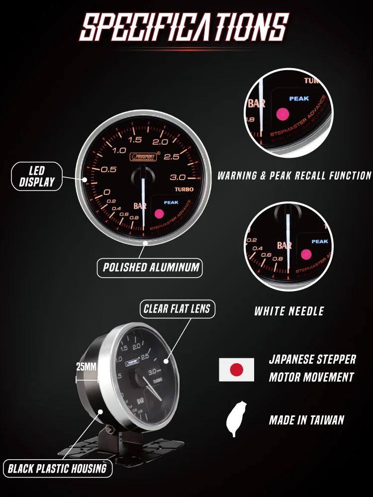52mm Prosport Boost Sensor Gauge Analog 3bar Boost Gauge Japanese
