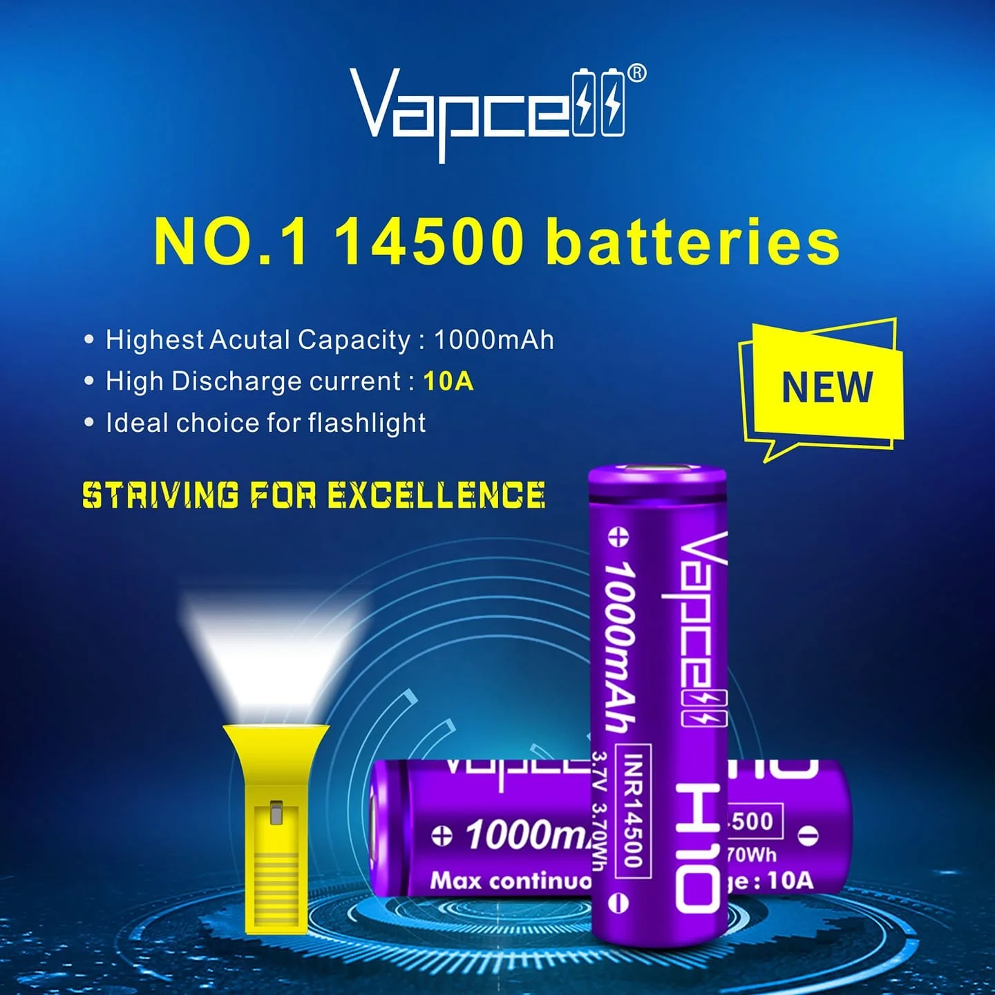 14500 Vapcell INR14500 H10 1000mAh 10A High Discharge Flat Top Li-ion  Battery