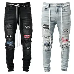 2021 Hot Casual Patch Ripped Holes Pencil Demin Pants New Fashion Vaquero Ragged Jeans For Men