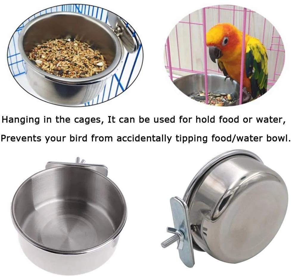 Hanging Stainless Steel Cage Coop Hook Cup Bird Parrot Feeding Cups