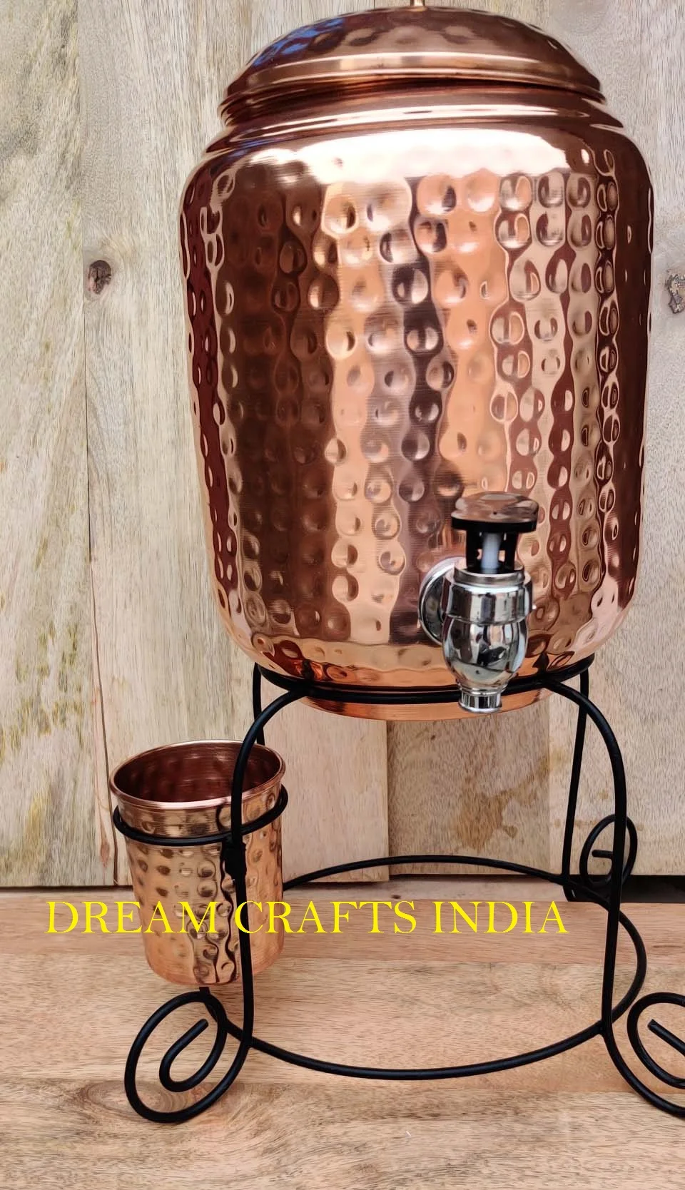 5 Litre Copper Hammered Water Dispenser With Metal Stand 200 Ml Glass Yoga Fitness Copper T 0875