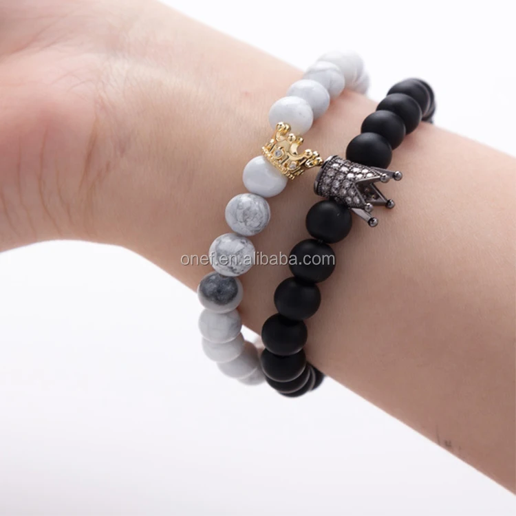 Custom Personalized Matt Black White Turquoise Silver Crown Her King His Queen 8mm Beads Couple Bracelet.jpg