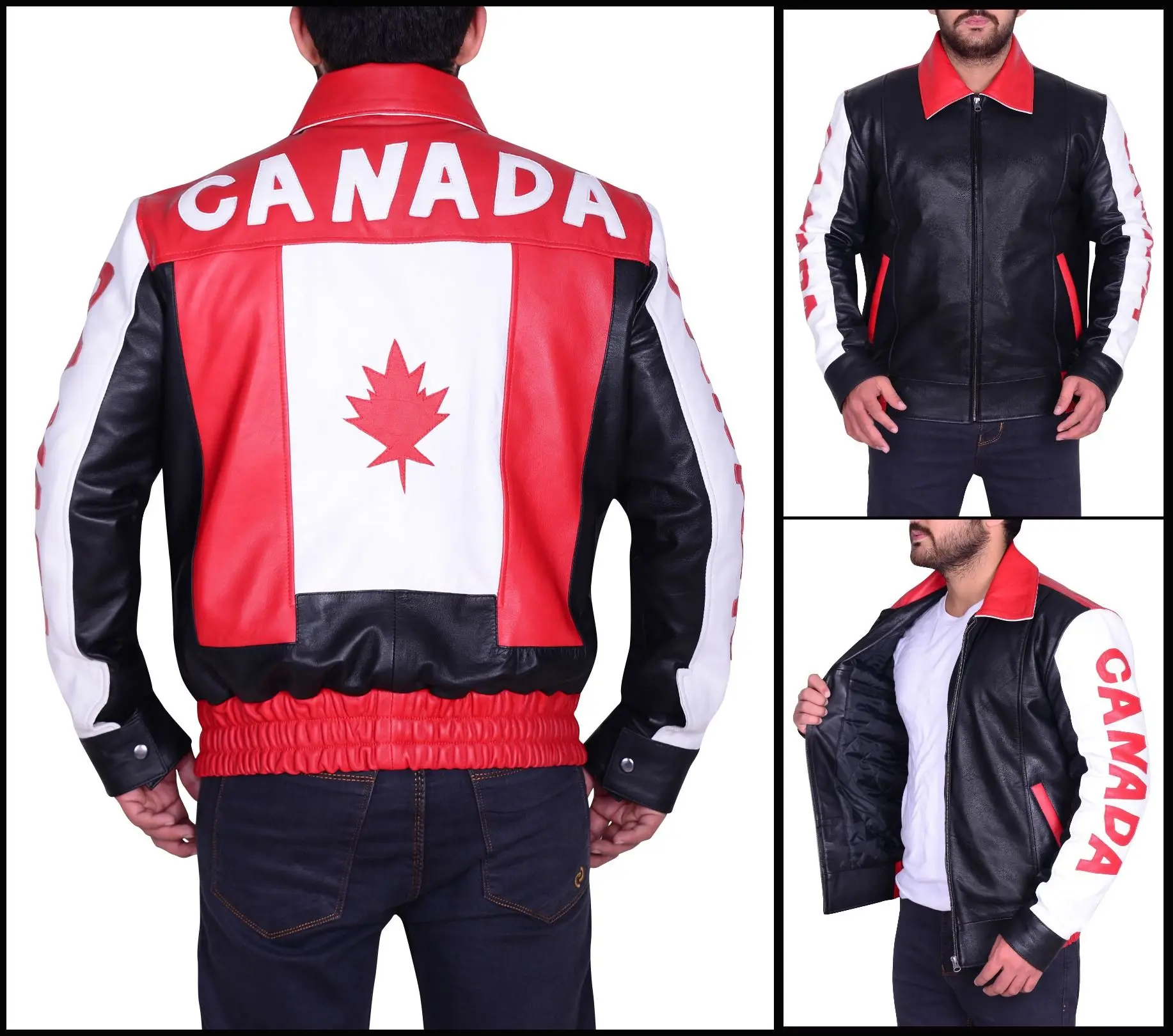 Canada Flag Bomber Style Genuine Leather Jacket Canadian Flag Back