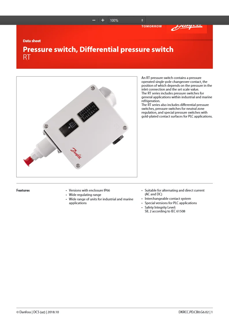 DANFOSS Differential Pressure Switch MP55 060B013366 EU, 41 OFF