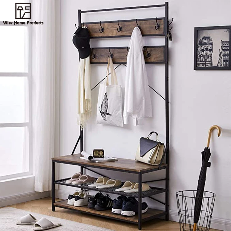 VASAGLE Hall Tree Clothes Rail Industrial Style and Shoe Rack Steel Frame Coat Stand with 2 Open Compartments Rustic Brown and Black LCR82BX Entryway Bedroom Coat Rack with Hooks 