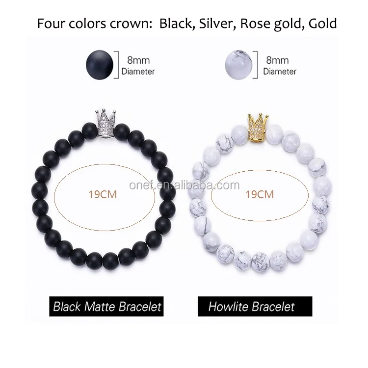 Custom Personalized Matt Black White Turquoise Silver Crown Her King His Queen 8mm Beads Couple Bracelet.jpg