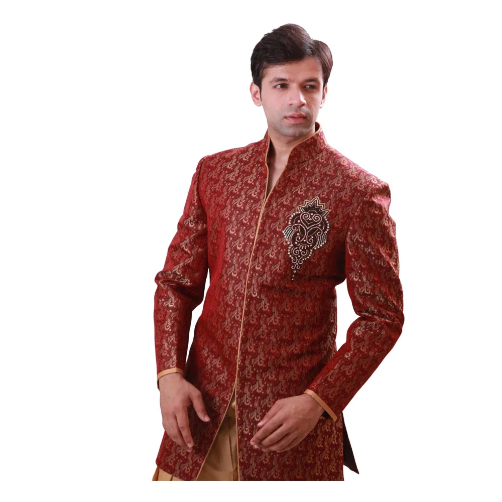 
Maroon Indian Wedding Indo Western Sherwani Men Mandarin Collar V Neck Indo Western Comes In Square Cut 