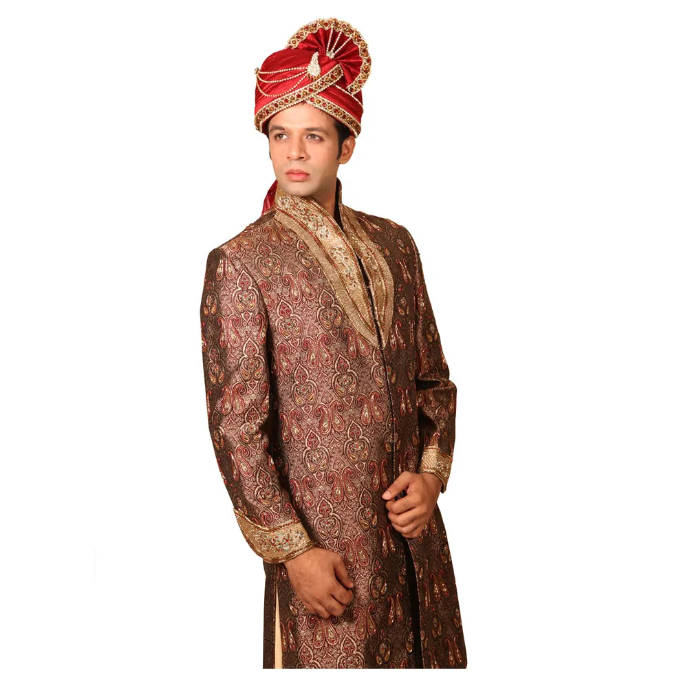 
Trendy Highneck Indian Wedding Brown Sherwani For Men Traditional sherwani with slim fit and high neck tailored 