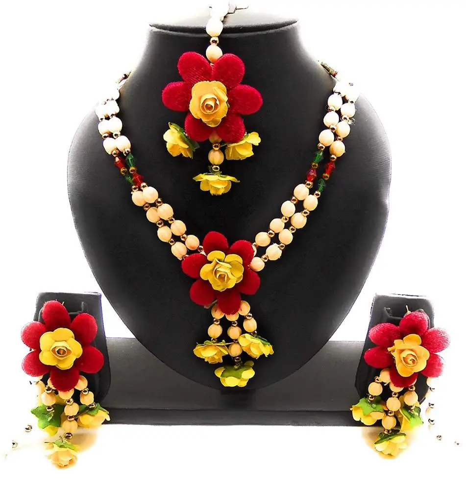 (هالدي/مهندي/قبل تبادل لاطلاق النار) اليدوية الهندي رغوة جميلة الأزهار ملابس الزفاف طقم مجوهرات متعدد الألوان للنساء والفتيات