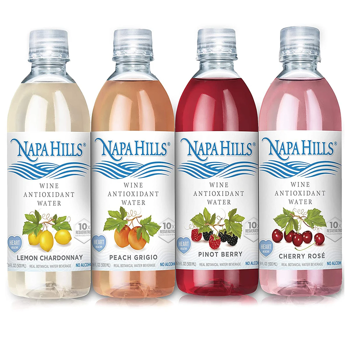 
Variety Flavored Napa Hills Wine Antioxidant Wine Non Alcoholic Resveratrenriched Drink 3 Lemon 3 Berry 3 Peach 3 Cherry 12 Pack 