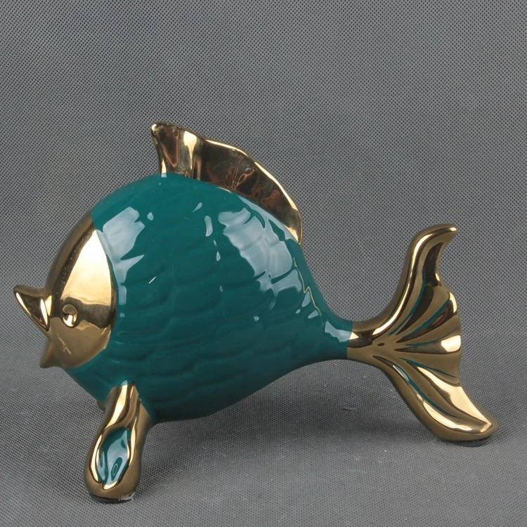 金鱼雕像批发婚礼装饰陶瓷鱼雕像,绿色金色完成,一套 2