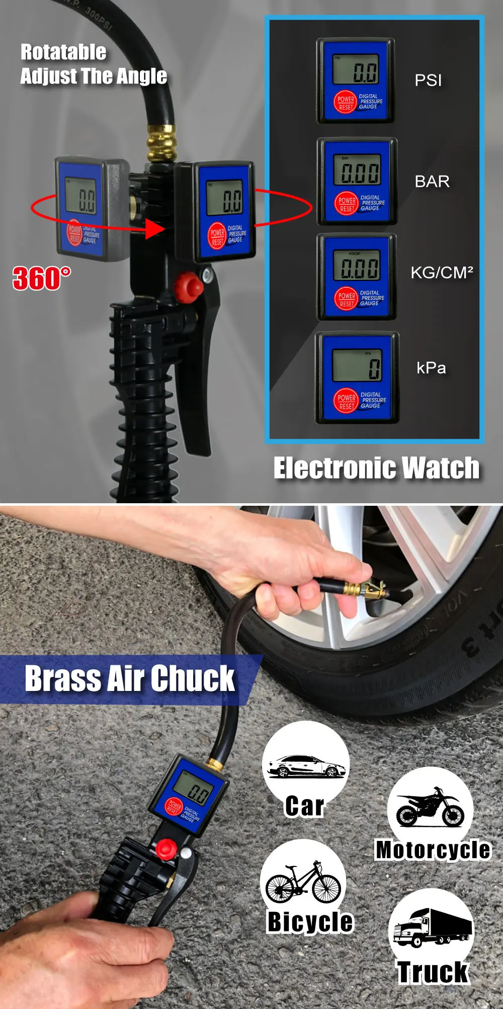 Pistol Grip Portable Tire Inflator With Clipon Digital Inflating