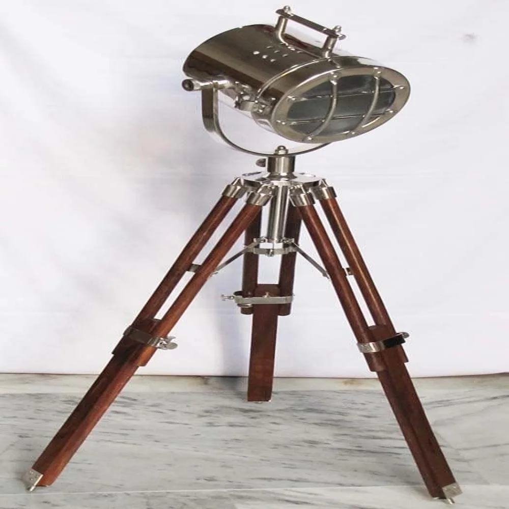 Royal Designer Chrome Searchlight with Wooden Tripod Stand Spot Light Studio Table Lamp