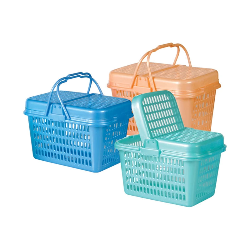 Plastic Shopping Basket With Lid Red Blue Brown Plastic Material