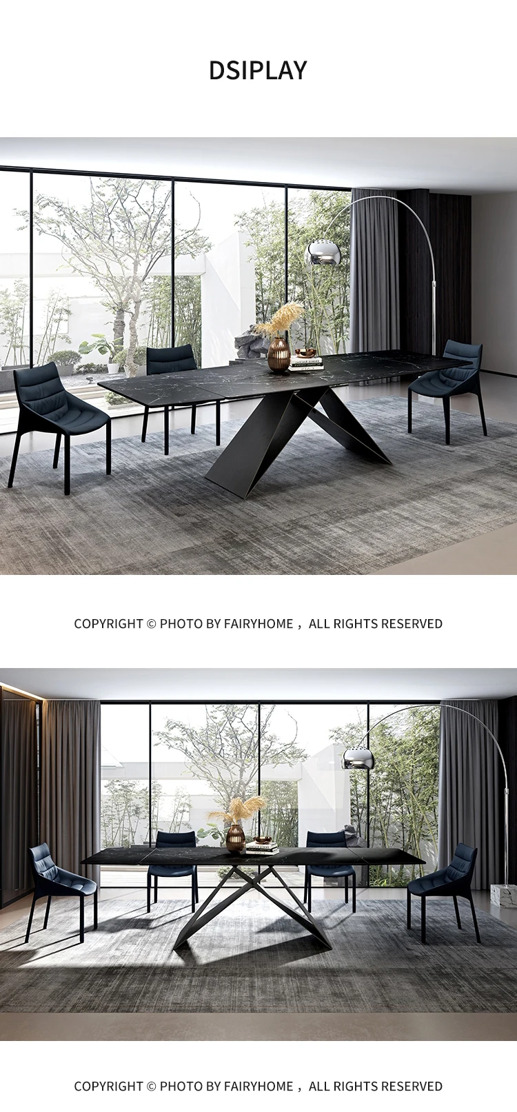 Contemporary Modern Nordic Long Rectangular Black Painted Metal  Extension  Ceramic Porcelain Dining Room Table furniture Set