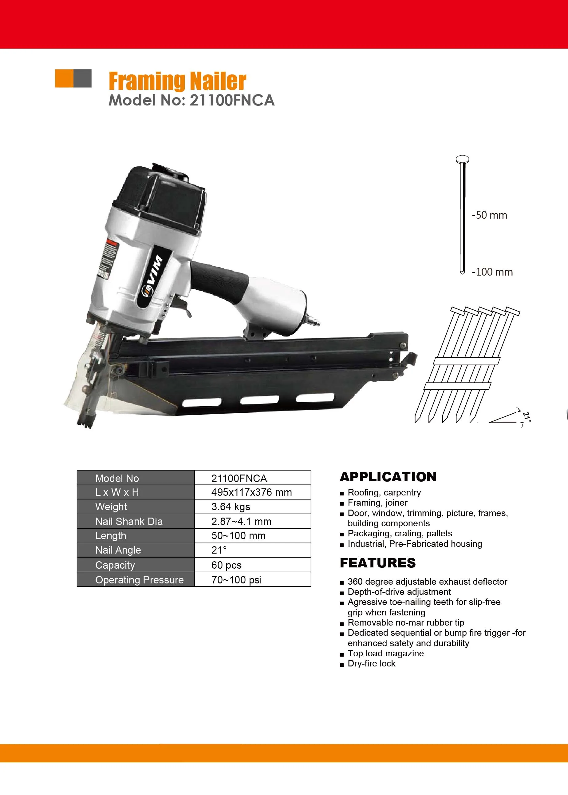 21100fnca 21 Degree Drives Nails 50100 Mm Pneumatic Framing Nailer