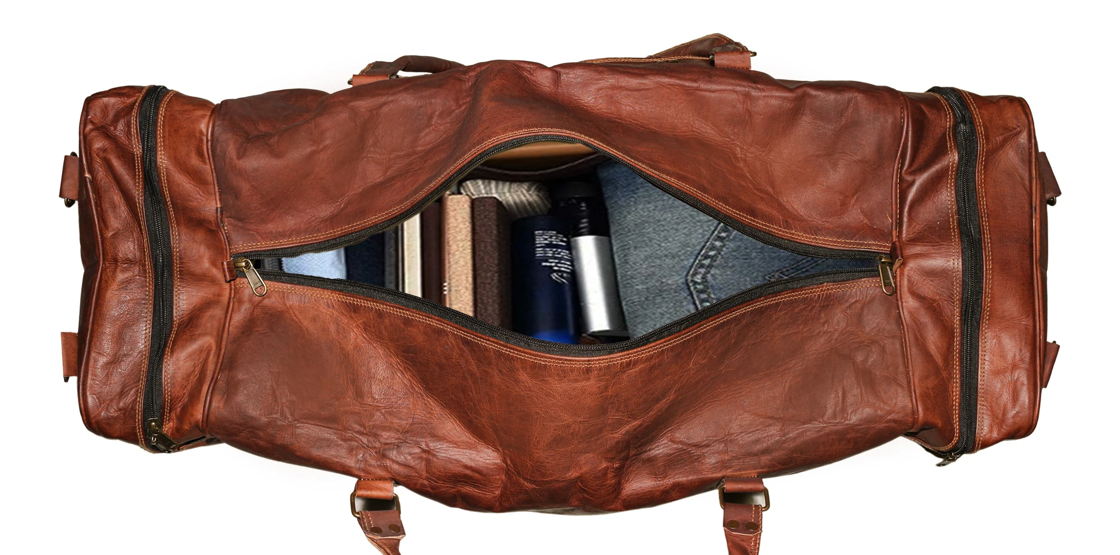 Leather Duffel Bag Double Pocket Travel Tote Carryon Bag Gym Sports