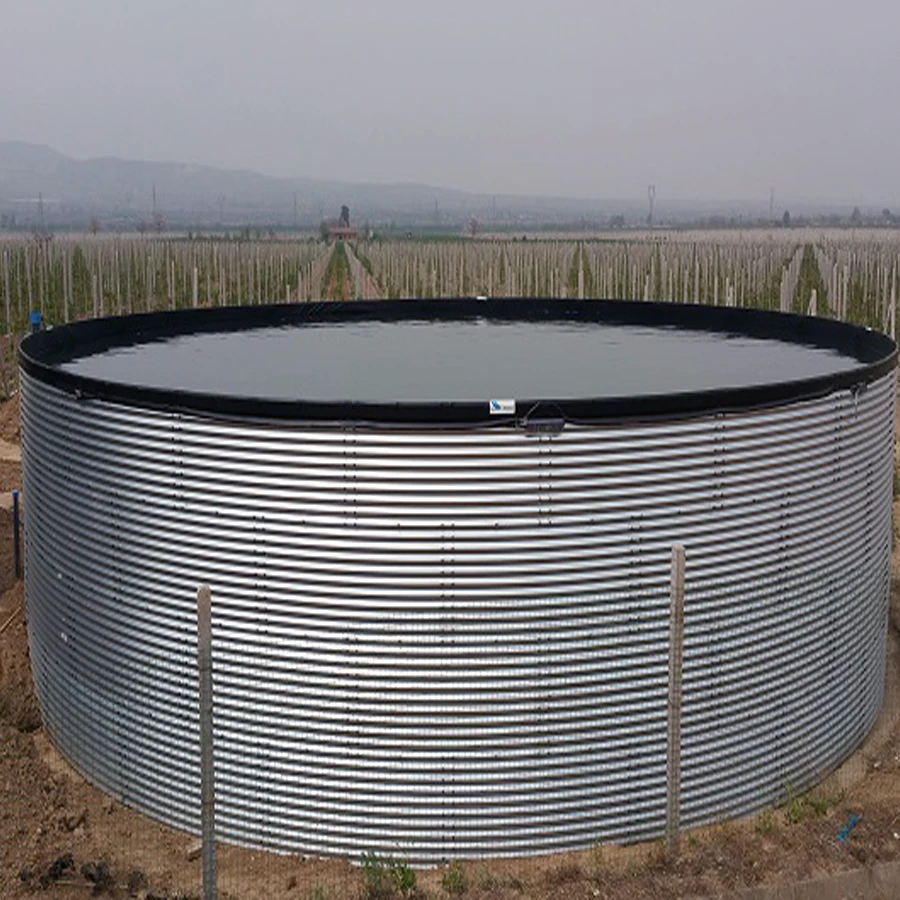 Water Storage Tank Farm. Corrugated Steel Cylindrical Modular Water Tanks for open Top Greenhouses Full of Water. Zinc water