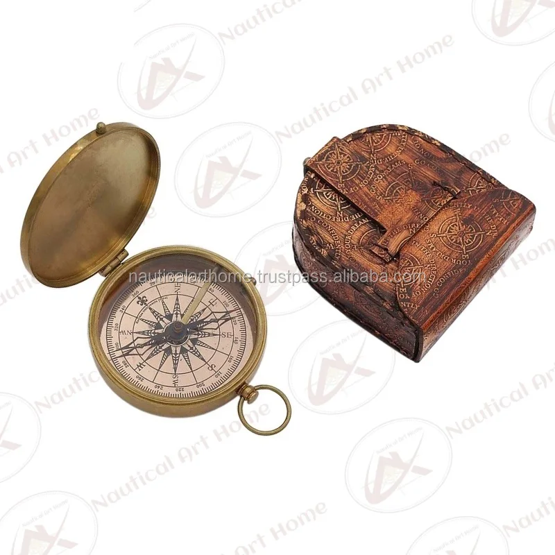 Authentic Nautical Vintage Style Brass Pocket Compass with Leather Case