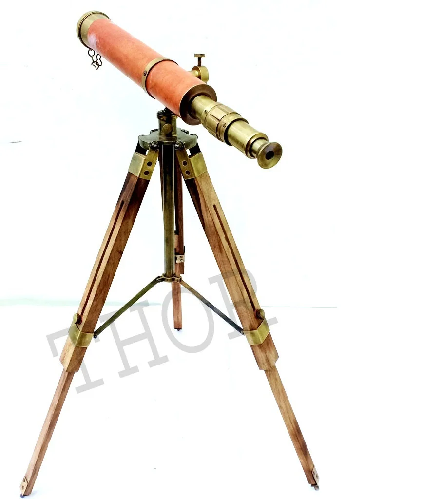 Telescope w/ Wooden Tripod Vintage Antique Nautical Decorative Gift Solid Brass