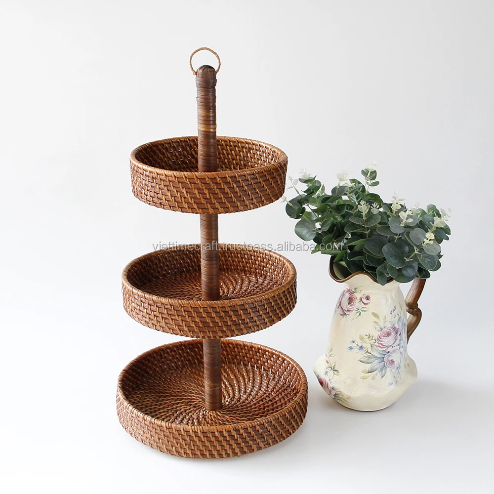 Natural Handwoven Rattan Serving Basket Tray With Handles Wholesale