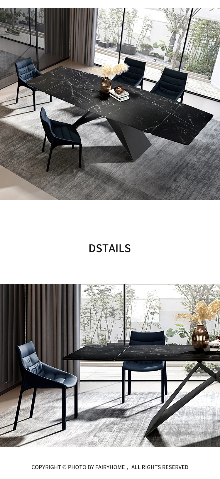 Contemporary Modern Nordic Long Rectangular Black Painted Metal  Extension  Ceramic Porcelain Dining Room Table furniture Set