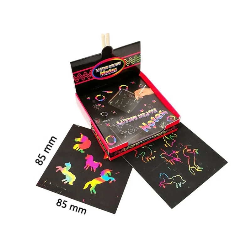 100 PCS Holographic Rainbow Scratch Art Paper with 2 Stylus,2 Stencils Scratch Magic Notes Scratch Notes Set Multicolor 