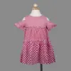 Red gingham one layer dress for girls flare sleeves