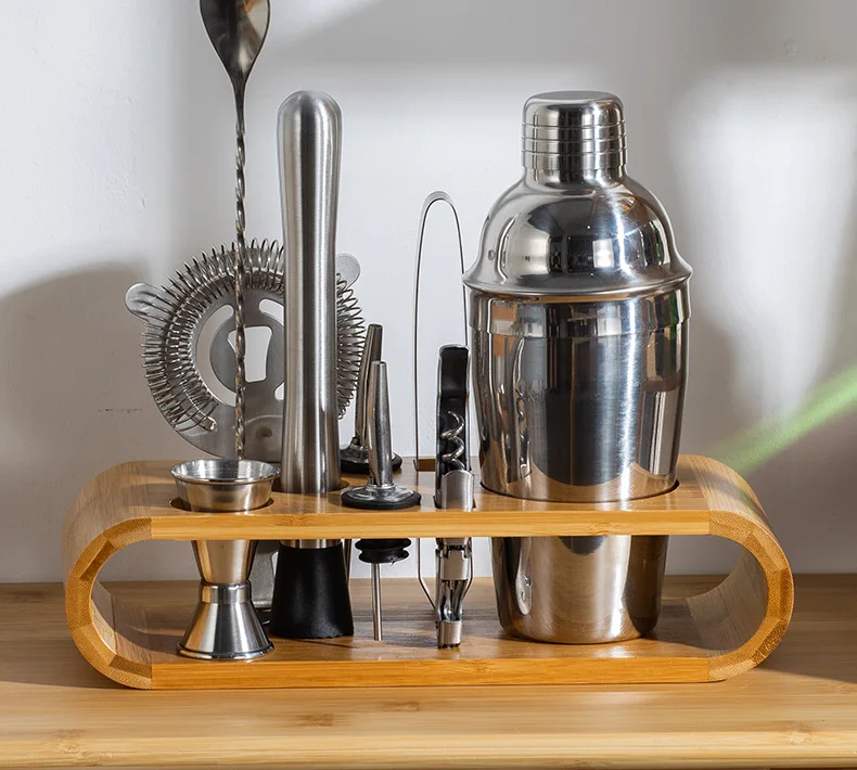 Professional Barware Tools Wooden Stand Stainless Steel Bartender Kit