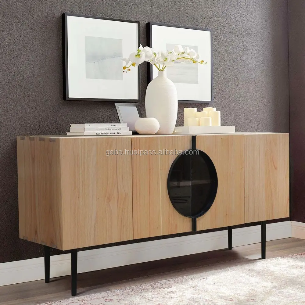 Solid Wooden Sideboard Natural Colour With Round Glass Doors Buy