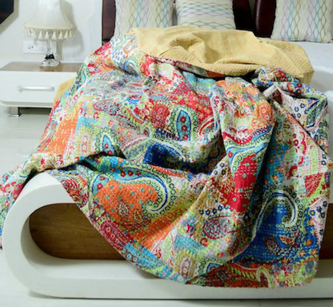 Details about    Handmade Twin Reversible-Paisley Kantha Quilt Indian Vintage Blanket/Bed Cover 