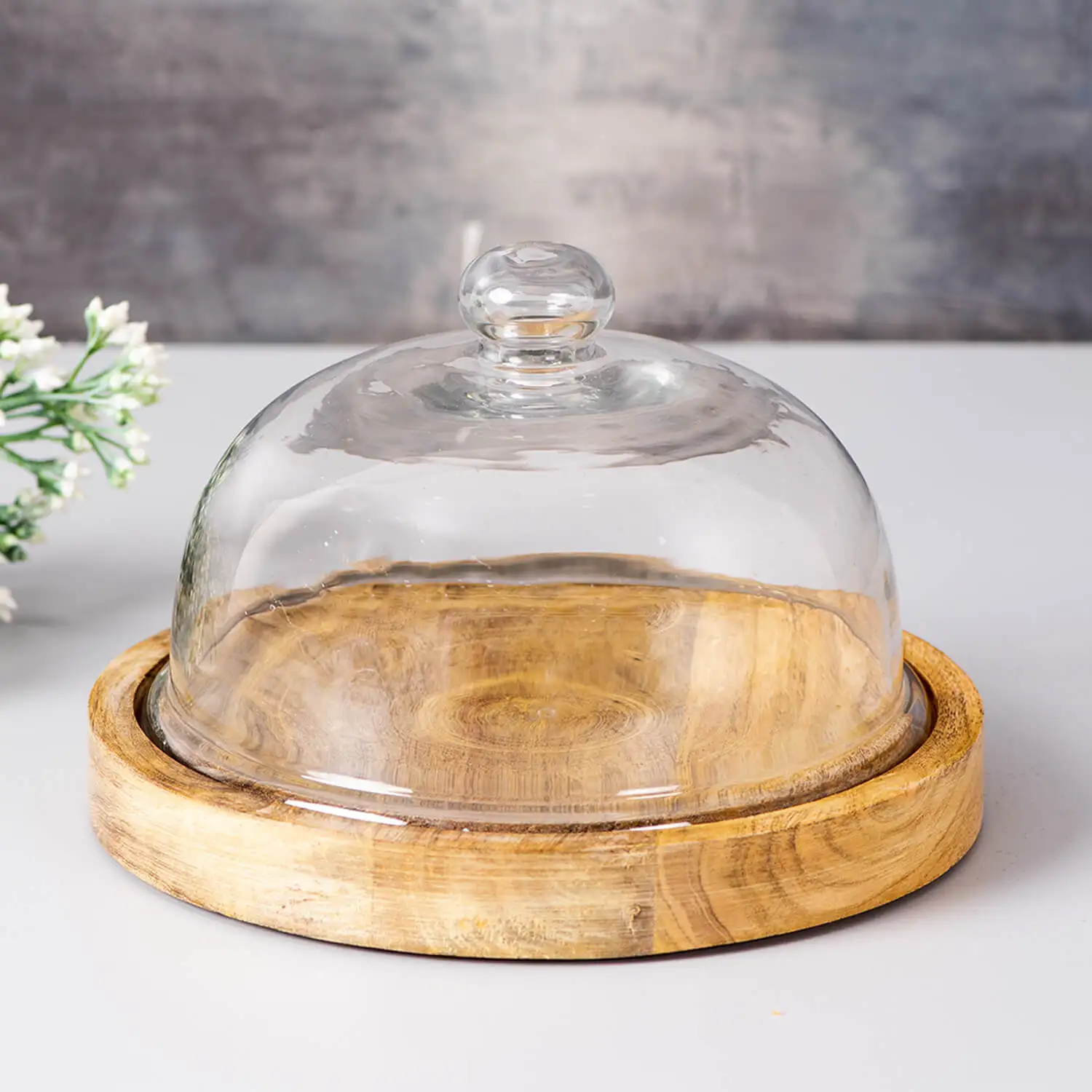 Lanfengye Round Wooden Cake Stand Pedestal With Glass Cover Display