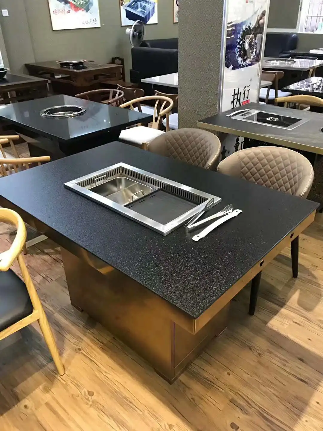 Hot Pot Bbq Commercial Smokeless Table Wooden Table Top For Restaurant