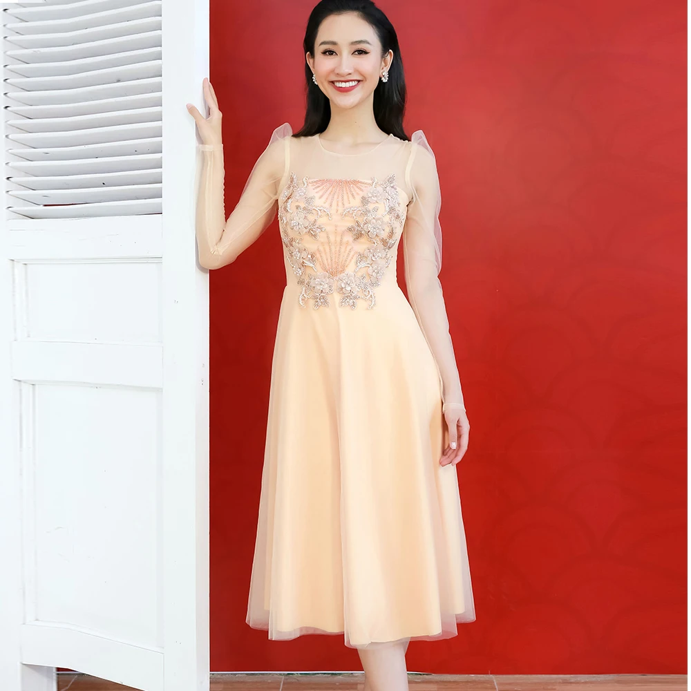 2020 New Arrival Full Sleeves Lace Mid - Calf Length Party Dresses Clothing For Women