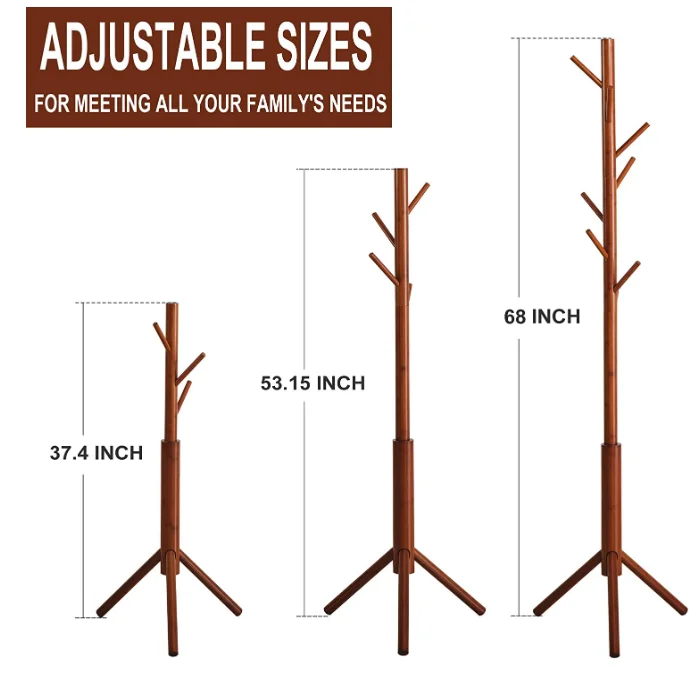 Bamboo Wood 3 Adjustable Sizes Coat Rack Tree With 8 Hooks Free