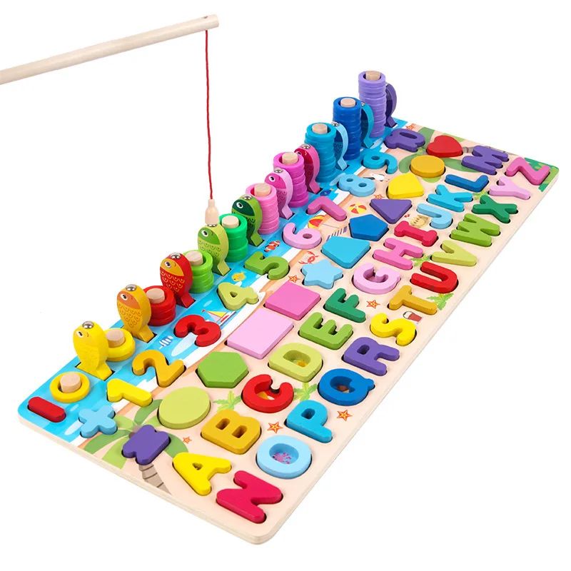 5in1 puzzle en bois nombre alphabet lettres apprentissage pêche enfants jouet SH 
