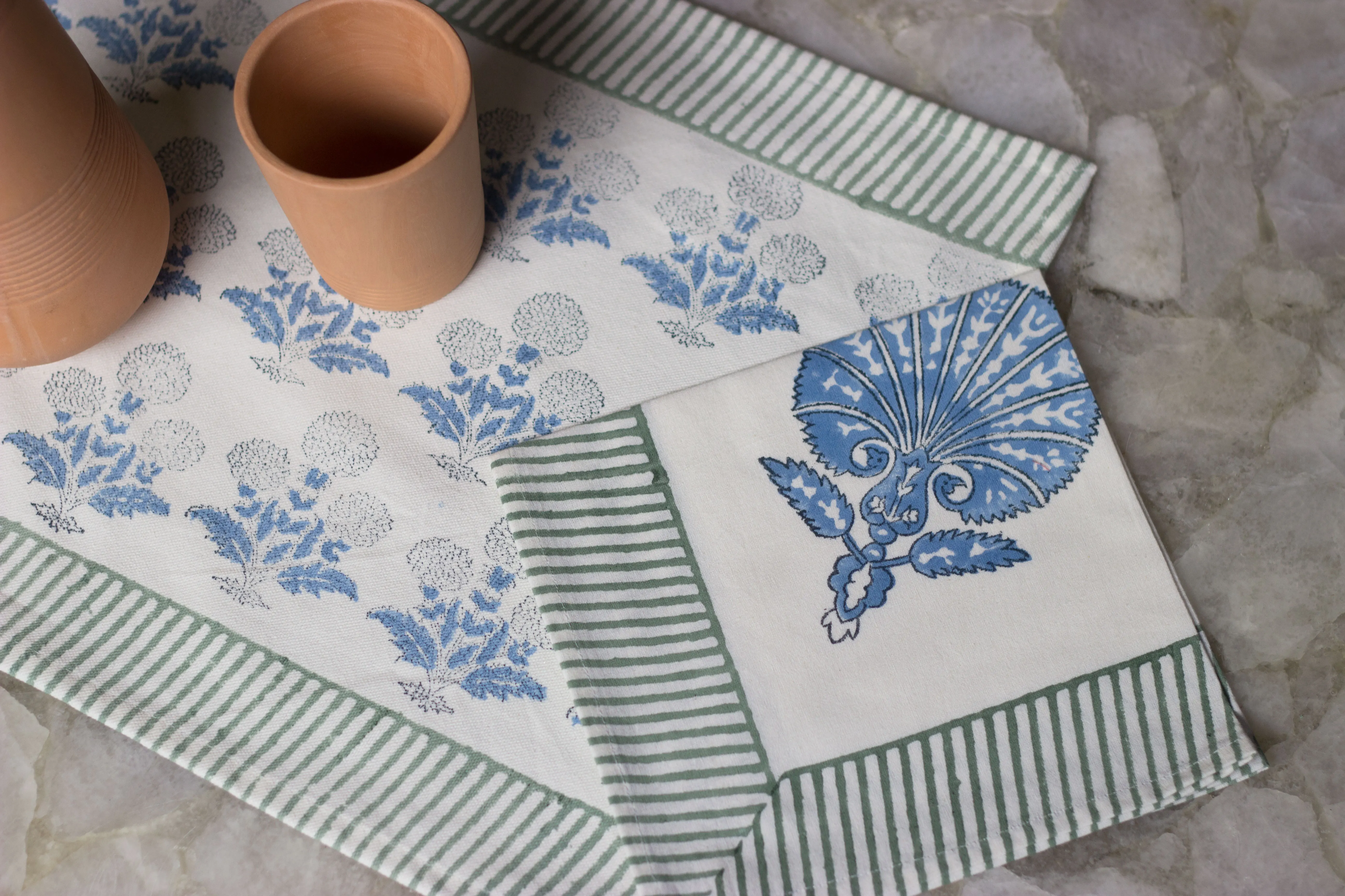 Blue Floral Hand Block Print Indian Cotton Floral Table Mats & Napkin