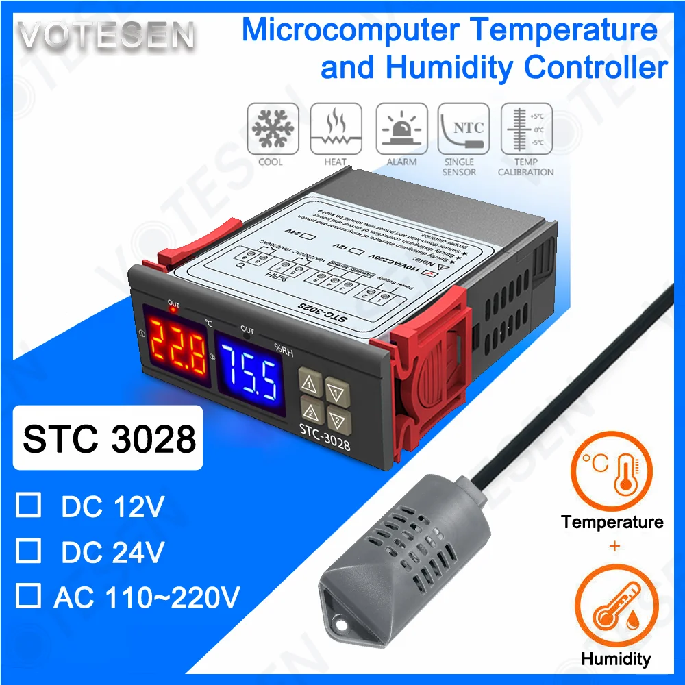 STC-3028 Micro-ordinateur Affichage numérique Contrôleur de température et d'humidité Compteur Affichage numérique ABS ignifuge double écran double écran avec capteur intégré 110V
