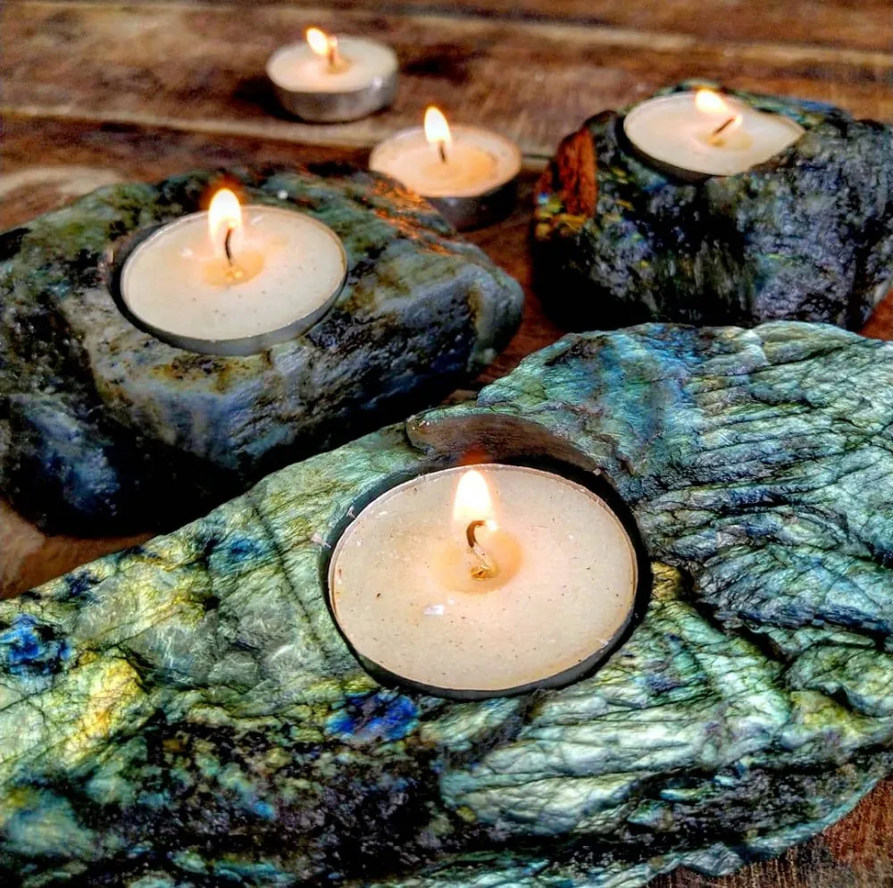 Natural Flashy Labradorite Crystal Candle Holder Home Decor Cabochon