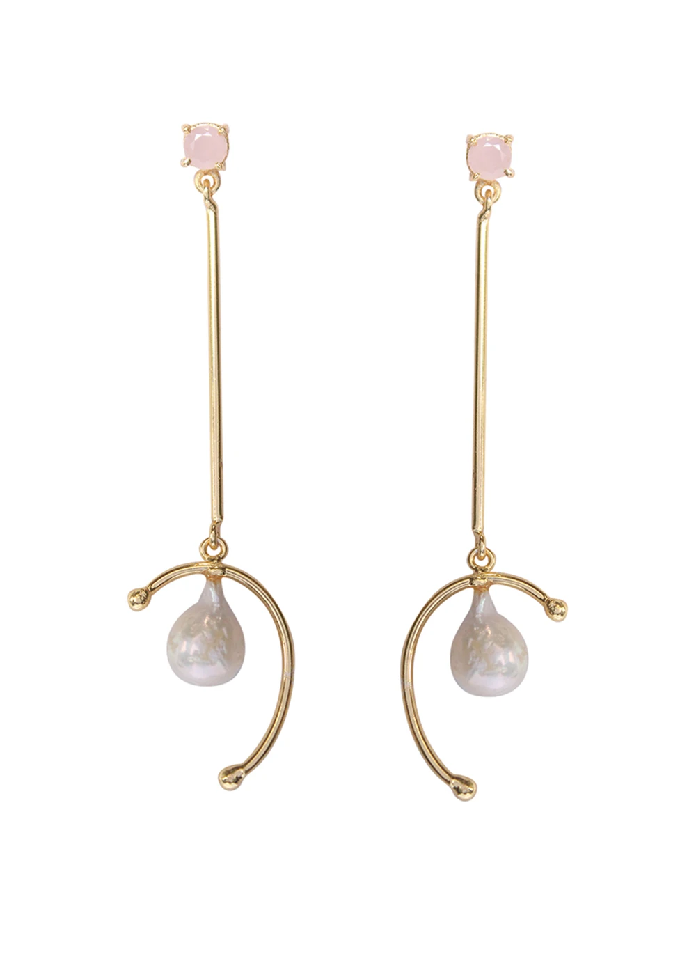 现代设计镀 18k 金巴洛克珍珠玫瑰石英天然石耳环首饰出口