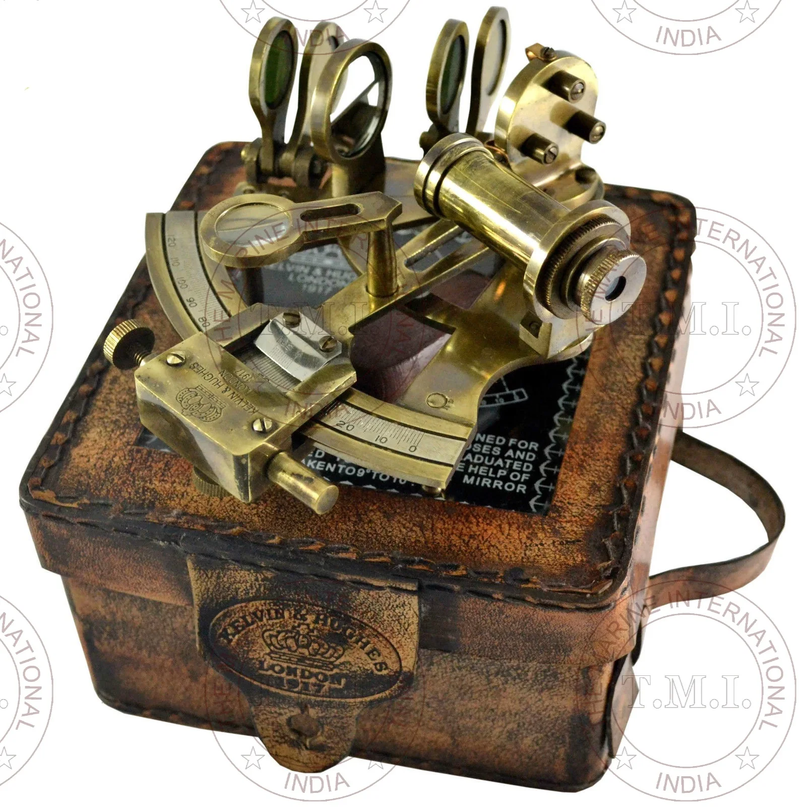 Vintage Maritime Brass Nautical Sextant Leather Case Kelvin Hughes London 1917 