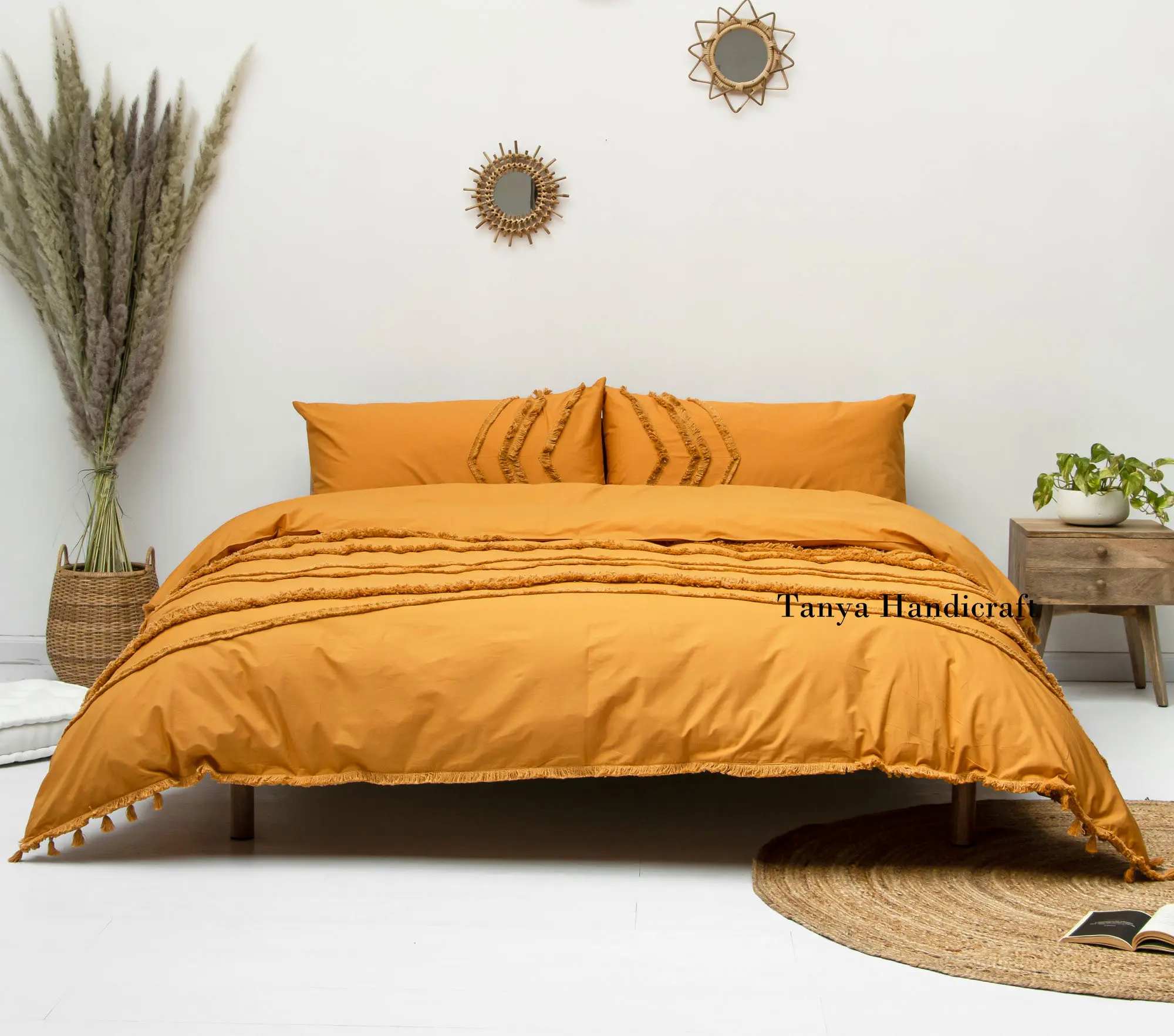 Yellow Tufted Cotton Duvet Cover Boho Queen Size Comforter Cover King